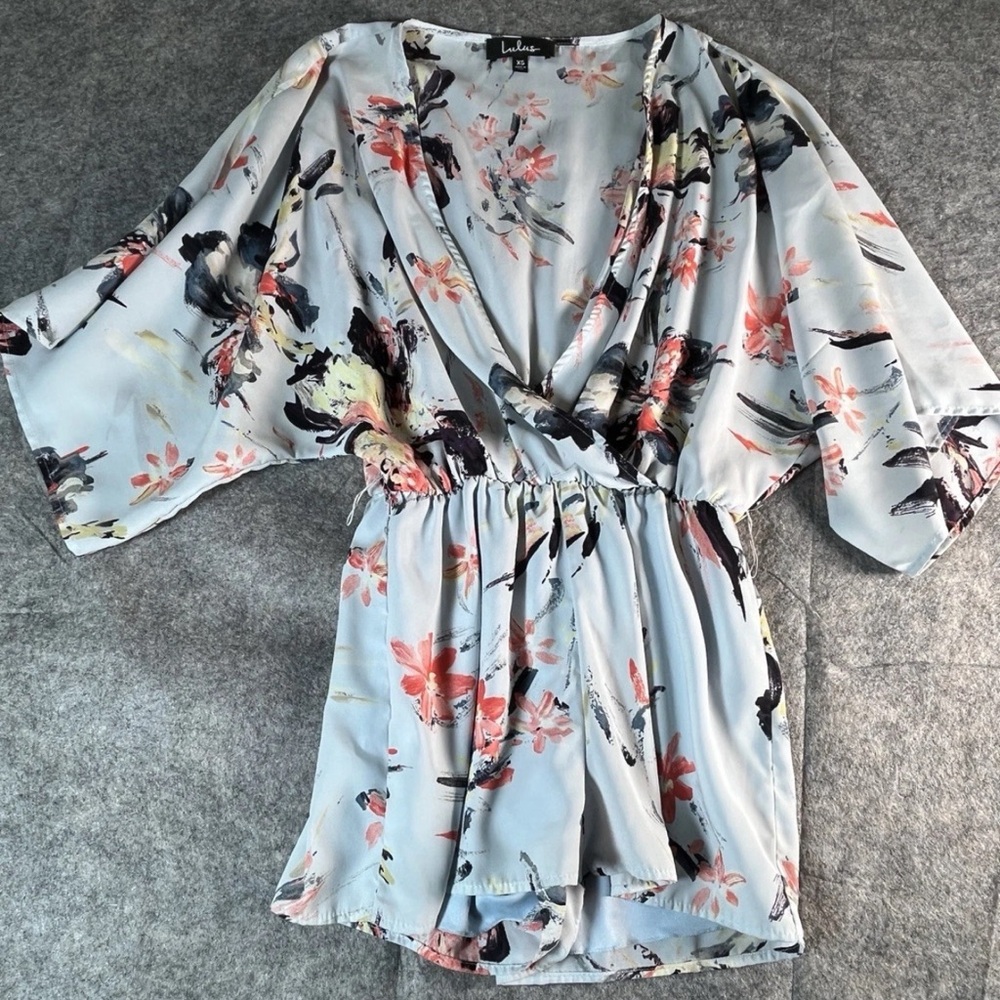 Lulu's Light Blue Floral Romper with Pink & Black Accents
